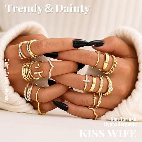 KISS WIFE Golden Silvery Black Kunckle Rings Set for Women, Dainty Simple Trendy Cute Stackable Finger Rings Pack, Perfect for Stacking Layering on Thumb and Knuckle, Mixed Size, Jewelry Gift thumbnail 6