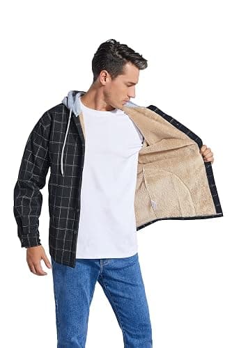 Derbars Men's Cotton Plaid Shirts Jacket Fleece Lined Flannel Shirts Sherpa Button Down Jackets with Hood for Men thumbnail 5