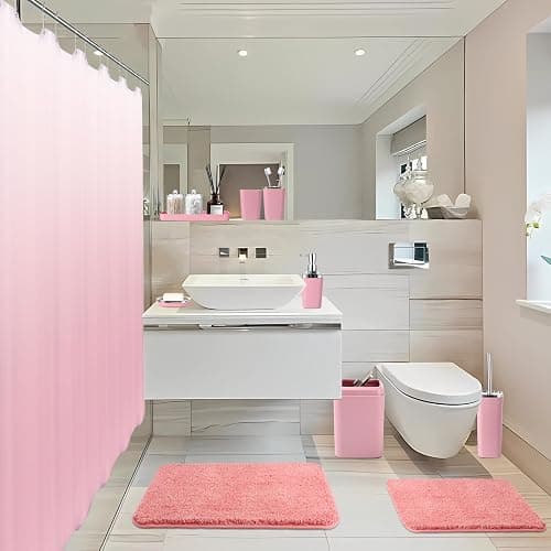XLHOMO Bathroom Accessory Set–Bathroom Sets with Shower Curtain and Rugs, Non Slip Bathroom Rugs Super Absorbent, Pink Ombre Waterproof Shower Curtain with Hooks, Pink Bathroom Sets Complete for Home thumbnail 8