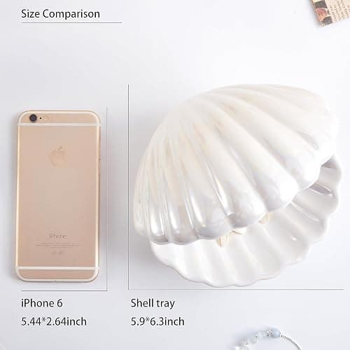Denique Shell Jewelry Dish Tray, Ceramic Trinket Tray Clamshell Jewelry Storage Dish, Ring Holder Dish Key Bowl, Decorative Jewelry Plate, Cute Jewelry Organizer for Room Decor (White) thumbnail 7