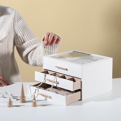 Frebeauty Clear Lid Jewelry Box,3-Layer Jewelry Organizer with Drawer,PU Leather Jewelry Organizers and Storage,Jewelry Boxes for Women,Jewelry Storage for Rings Earring Stud,Gift for Women(White) thumbnail 2