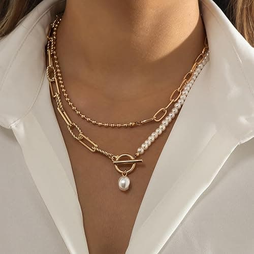 Cowboy Chic Turquoise Necklace for Women layered Paperclip Necklace Chunky Pearl Necklaces for Women Statement Cowgirl Country Concert Jewelry Outfit Accessories Christmas Stocking Stuffers thumbnail 2