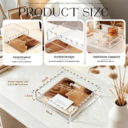 Acrylic Trays for Needlepoint 6" x 6", OUPSAUI Scalloped Acrylic Tray with Drawer for Insert Needlepoint, Photos, Art, Fabric, Napkin, Messages Display Basket, Decorative Tray Gift for Home Office thumbnail 3