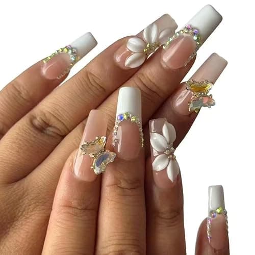 Luxury Handmade Press on Nails - Long Square White French Tips Press on Nai,l with Almond 3D Rhinestones, Flowers & Butterflies, Acrylic Multi-Layer Gel False Nails for Women (10Pcs) thumbnail 2