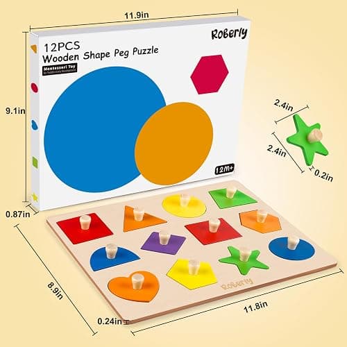 Roberly Shape Wooden Puzzles for Toddlers 1-3, Montessori Toys Peg Puzzle Geometric Color Matching Board for Girls Boys 12-18-24 Months Preschool Learning Educational Toys Birthday Gifts for Kids thumbnail 3