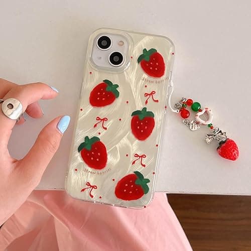 Tewwsdi Cute Glitter Strawberry Phone Case with Charm for iPhone 15,Kawaii Red Bow Polka Dot Design Aesthetic Fruit Summer Phone Girly Women，Never Fade ，1.5mm Raised Edges Protect(with Charm,6.1”) thumbnail 2