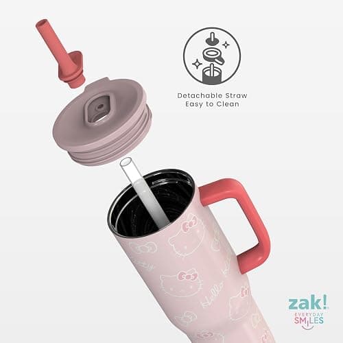 Zak Designs Sanrio Sutton Travel Tumbler for On the Go, 30oz Stainless Steel with Vacuum Insulation, Silicone Straw, and Carry Handle for Cold Drinks (Hello Kitty) thumbnail 7