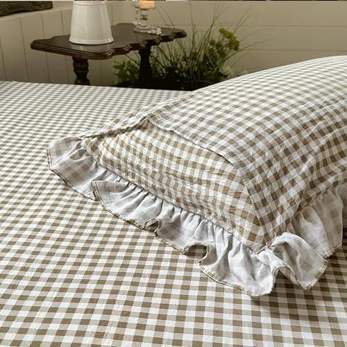 NSNLGSGC Tan Ruffled Plaid Gingham Standard Size Pillow Shams 20"x26", Set of 2 Taupe Checked Pre-Washed Microfiber Farmhouse Pillowcases for Bed/Sofa (20"x26", Tan Gingham) thumbnail 4