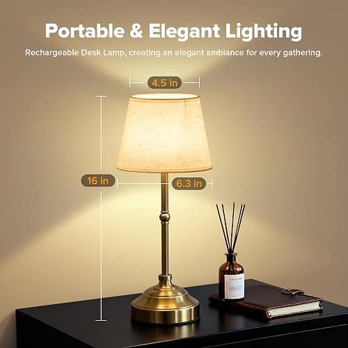 keysays 2 Pack Cordless Table Lamp, Rechargeable Desk Lamp with Fabric Shade, Battery Operated 3 Color Stepless Dimming, Small Touch Bedside Lamp Home Decor for Dining, Counter(Brushed Gold) thumbnail 3
