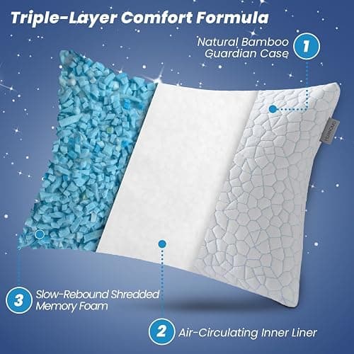 MUXHOMO Memory Foam Pillows Queen Size Set of 4, Cooling Adjustable Shredded with Breathable Cover, Supportive for Side, Back & Stomach Sleepers, White, 20 x 30 Inches thumbnail 5