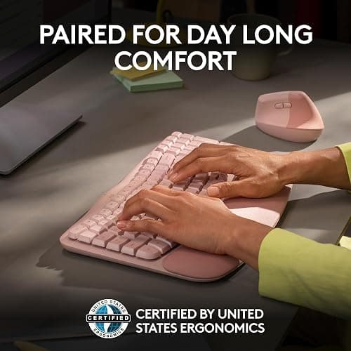 Logitech Wave Keys & Lift Vertical Mouse - Ergonomic Bundle — Wireless Keyboard with Cushioned Palm Rest & Vertical Wireless Mouse - Easy-Switch, Bluetooth, for Multi-OS, Windows/Mac - Rose thumbnail 3