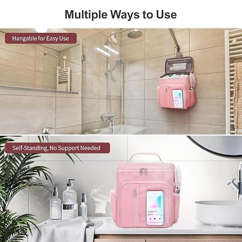 F-color Shower Caddy Portable for College Dorm Essentials - Large Hanging Sturdy Handle Toiletry Tote Bag with Hook, Multiple Pockets, Quick Dry Organizer for Camping, Travel, Gym, Pink thumbnail 7