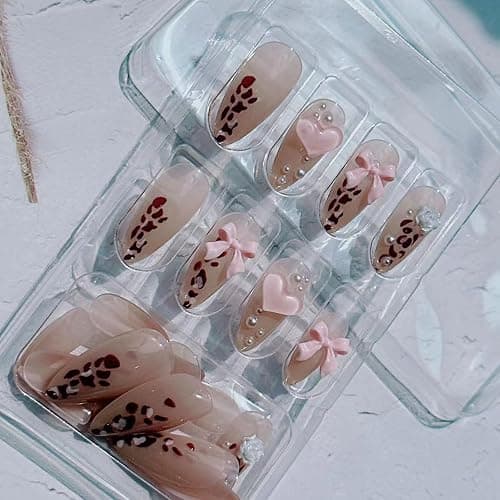 Leopard French Tip Press On Nails - Pointed Almond Glossy Pink Heart Design, Full Cover Nude Glue On False Nails for Women & Girls thumbnail 3