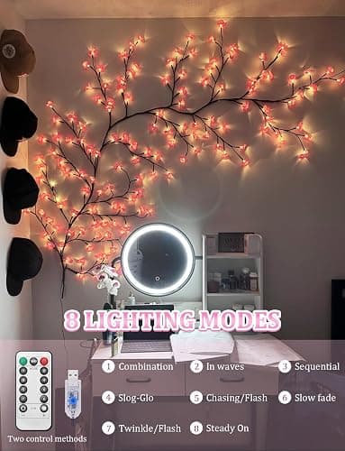 FIALAME Cherry Blossom Lights for Bedroom Wall Decor, 4FT 48 LED DIY Cherry Blossom Decorations,LED Blossom Tree Flower Lights,Pink Aesthetic Room Decor,Remote Timer,8 Lighting Modes thumbnail 3