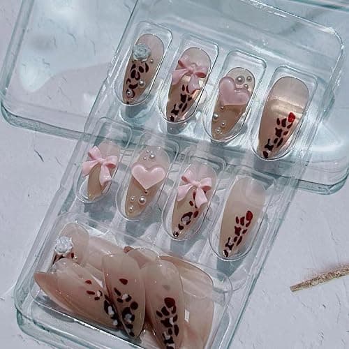 Leopard French Tip Press On Nails - Pointed Almond Glossy Pink Heart Design, Full Cover Nude Glue On False Nails for Women & Girls thumbnail 5