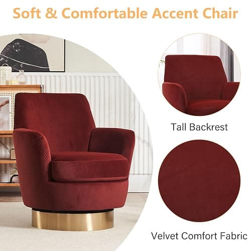 LUCKHAO Swivel Barrel Chair Set of 2,Modern Velvet Upholstered Round Swivel Accent Chairs with Tall Backrest,360 Degree Single Sofa Chair Armchair for Living Room, Brownish Red thumbnail 4