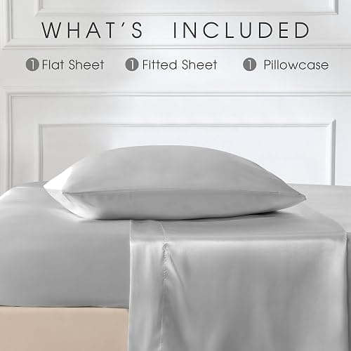 FreshCulture Satin Sheets Twin XL Bed Set - 3 Piece Luxury Soft Silky Bed Sheets, Similar to Silk Sheet Set with 1 Deep Pocket Fitted Sheet, 1 Flat Sheet & 1 Pillowcase (Silver Grey) thumbnail 3