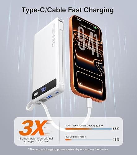 Power Bank with 2 Built-in Cables 10000mAh, 22.5W PD Slim Portable Charger USB C Battery Pack, Travel Essentials Fast Charging Powerbank Compatible with iPhone 17 16 Plus Pro Galaxy iPad White(1 Pack) thumbnail 3