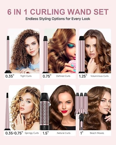 6 in 1 Wand Curling Iron, 3 Barrel Curling Iron Set with Thermal Brush (1.5") and 5 Interchangeable Ceramic Wand Curler (0.35"-1.25"), 2 Temp Heating Setting, Christmas Birthday Gifts for Women thumbnail 2