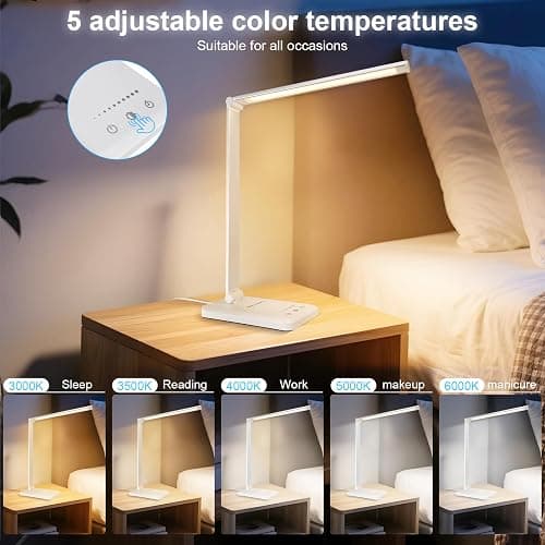 White crown LED Desk Lamp Dimmable Table Lamp Reading Lamp with USB Charging Port, 5 Lighting Modes, Sensitive Control, 30/60 Minutes Timer (White, First-Generation) - Silver - first-generation thumbnail 4
