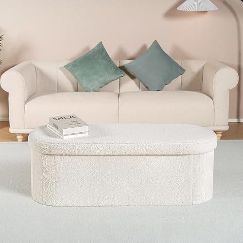 B FSOBEIIALEO Ottoman with Storage for Living Room, Sherpa Folding Storage Ottoman Foot Rest, 43.3 Inches Collapsible Bedroom Bench White thumbnail 7
