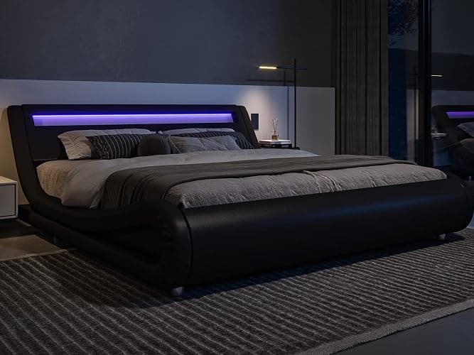 Allewie Queen Size LED Platform Bed Frame with Adjustable Headboard/No Box Spring Need/Easy Assembly/Faux Leather in Black - Image 1