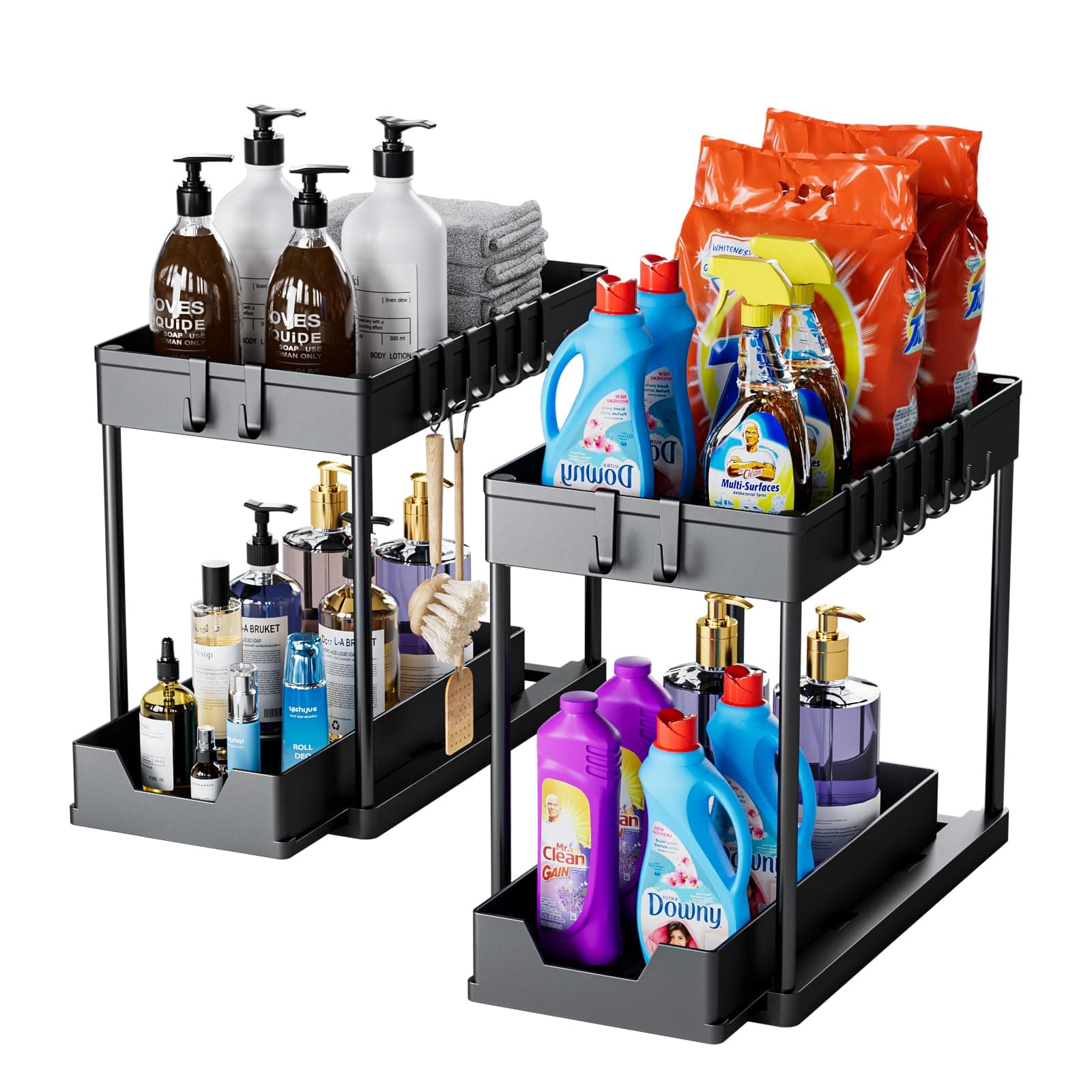 Under Sink Storage - 2 Pack Under Sink Organizer - Sliding Drawer Shelf Pull Out with Hooks Cup for Kitchen Bathroom thumbnail 6
