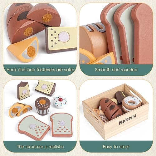 kienvy 10 PCS Bakery Wooden Play Food Set for Kids Kitchen, Wooden Food Cutting Toys, Pretend Play Kitchen Food Toy Accessories with Storage Box, Christmas Birthday Present for Toddlers & Kids Ages 3+ - Bakery thumbnail 5