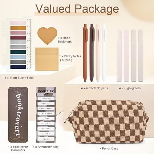 14 PCS Aesthetic Book Annotation Kit Large Checkered Pencil Case Book Lover Bookmark Dual Highlighters Gel Pens Study Supplies Stationary Set for Student Brown thumbnail 3
