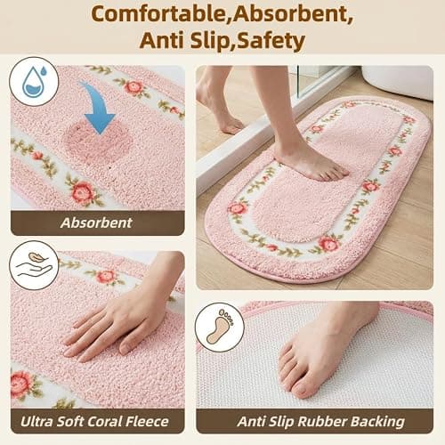 Stay Young Decorative Rose Flower Area Rug,Bedroom Living Room Bathroom Rugs,Bath Mat Kitchen Mat,Super Soft Non Slip,Floral Design Coquette Room Decor,Pink 17.71 x 49.21 Inch thumbnail 3