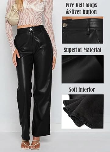 Navneet Women Faux Leather Pants PU High Waist Straight Leg Pant with Pockets Leather Leggings Bell Bottom Flare Pants thumbnail 3