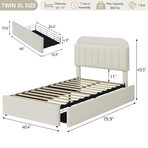 GAOMON Twin XL Bed Frame with Storage Headboard & 2 Drawers, Beige | Boucle Kids Bed, Upholstered Platform Bed, Bookcase, No Box Spring Needed, Noise Free, Easy Assembly thumbnail 2
