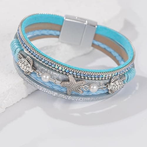 FANCY SHINY Turtle Starfish Leather Wrap Bracelet Boho Rhinestone Pearl Cuff Bracelet with Magnetic Clasp for Women thumbnail 7
