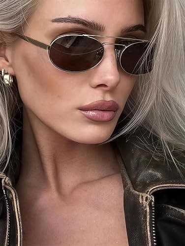 Retro Oval 90s Metal Sunglasses for Women, 2025 Trendy Chic Narrow Gold Sun Glasses Fashion Sunnies thumbnail 8