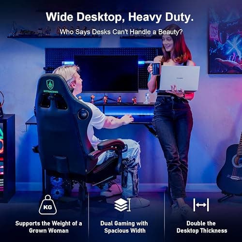 GTRACING 55 Inch Gaming Desk with LED Lights & Power Outlet, Computer Gamer Desk with Monitor Stand, Ergonomic Carbon Fiber Gaming Table Home Office Desk with Headphone Hook & Mouse Pad - Black thumbnail 8