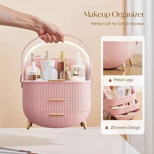Multi-Function Make Up Case Dustproof Cosmetic Storage Box, Organizer Skin Care Products Jewelry Organizer Finishing Box for Bedroom Bathroom Desktop (Pink) thumbnail 3