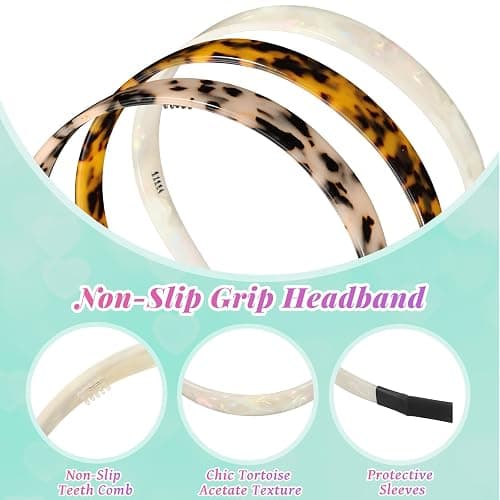 3 Colors Tortoise Shell Headband Set: Wide Acetate, Resin, Skinny Thin Headbands with Teeth for Women and Girls (White Laser, Leopard, Ivory) thumbnail 4