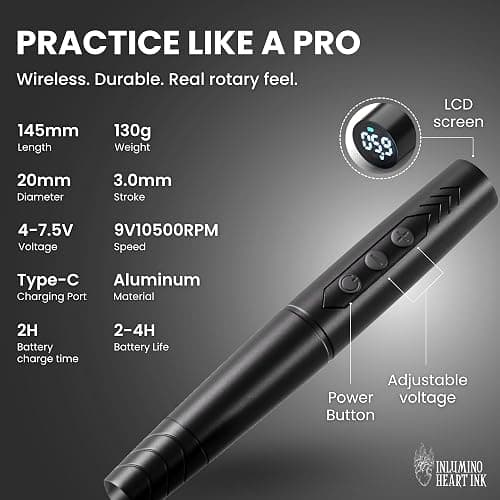 Tattoo Practice Pen by Inlumino Heart Ink – Wireless Rotary Dot Pen Machine with 8 Black Ballpoint Cartridges – Electric Tattoo Training Tool with 2 Batteries & Magnetic Carry Case thumbnail 5