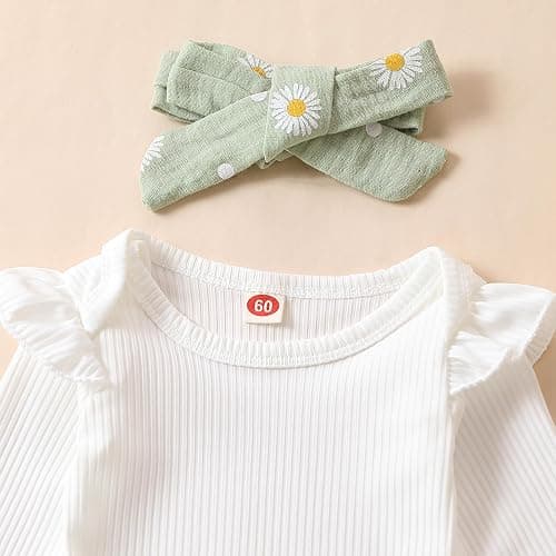 Kaipiclos Newborn Infant Girl Clothes Rib Knit Romper Daisy Print Pants Headband Baby Clothes for Girls 0 3 6 12 18 24 Months thumbnail 4