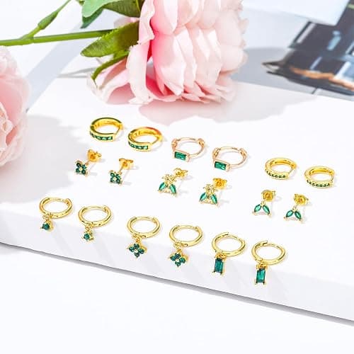 NEWITIN 15 Pairs Small Gold Stud Errings for Women Hypoallergenic Earring 14K Gold Plated Stainless Steel Inlaid Green Cubic Zirconia Earring Cartilage Stud Hoop Earrings Set thumbnail 5