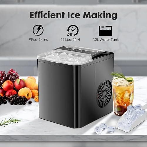Sweetcrispy Countertop Ice Maker, Portable Ice Machine Self-Cleaning, 9 Cubes in 6 Mins, 26 lbs/24Hrs, 2 Sizes of Bullet Ice for Home Party Office,Elegant Black thumbnail 6