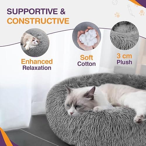 ELYF Plush Donut Cat Bed for Indoor Cats (50cm) - Calming Dog Bed Self-Warming Round Pet Cushion with Anti-Slip, Waterproof Base & Reversible Design, Machine Washable - Grey - Light Grey - 50 x 50 x 17 cm thumbnail 4