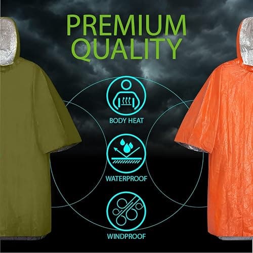 Kanuothbon Emergency Survival Poncho (4pc) Thermal Mylar Foil Coating Blanket for Heat Retention and Rain | Reversible with Hood | Waterproof, Windproof, Portable thumbnail 4