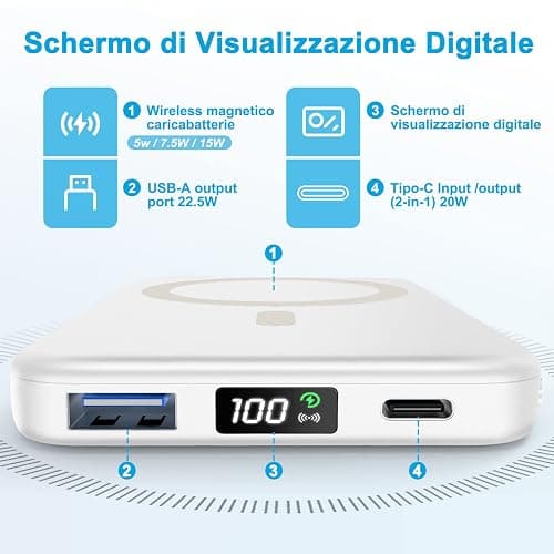 AOGUERBE Power Bank 10000mAh, Caricabatterie Portatile, Wireless Magnetico PowerBank PD 22.5 W Ricarica Rapida con Display LED USB-C Pacco Batteria Compatibile per iPhone 16/15/14/13/12 Serie thumbnail 5