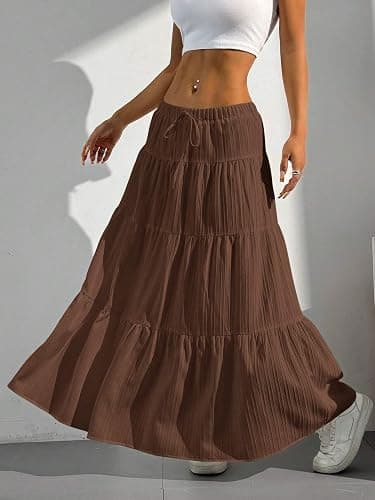 Xuani Maxi Skirt for Women Long Boho Flowy Ruffle Elastic High Waist | Flared, A Line, Decorative Front Tie, Tiered Layer Versatile, Lining, Casual Summer Beach Vacation Outfits, 2026 Spring Fall thumbnail 7