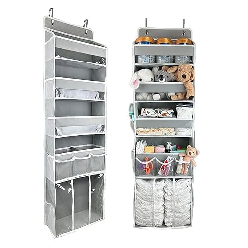 Door Hanging Storage Organizer,with 3 Bins 1 Movable Baby Diaper Caddy,1 Large capacity diaper stacking storage Organizer,10 Side Pockets ,Bedroom Door Storage for Nursery Baby Essentials.Grey 1 Pack. - grey