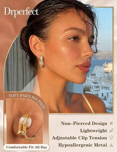 Drperfect Clip On Earrings for Women Non Pierced Earrings Set | Hypoallergenic Ears Clips, 14K Gold Plated CZ Pearl Knot Twist Chunky Hoop and Studs Earring, Fake Earrings Jewelry Gifts thumbnail 2