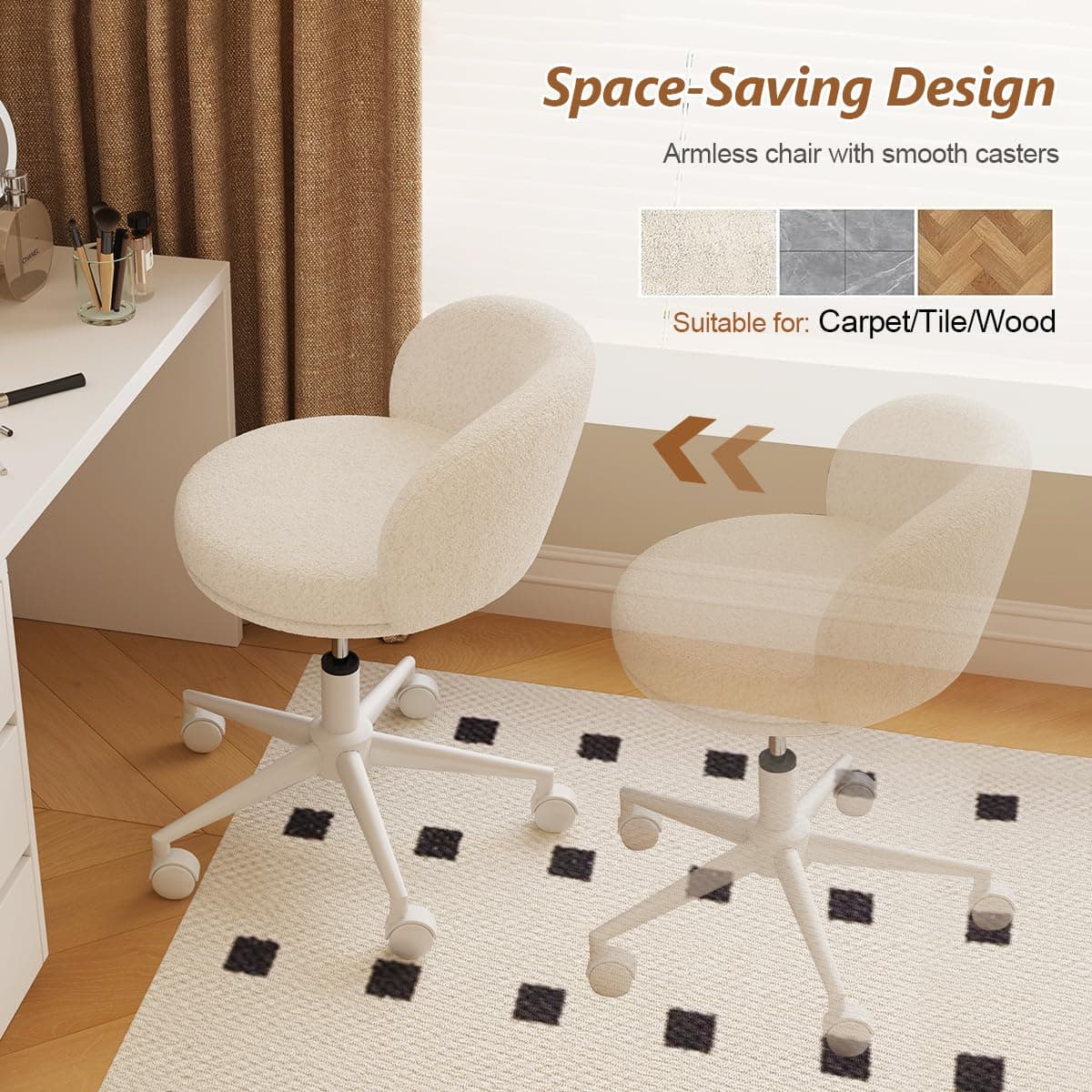 Armless Vanity Chair with Back,360°Swivel Makeup Chairs Small Office Chair with Wheels,Height Adjustable Computer Task Chair for Bedroom,Living Room,White thumbnail 4