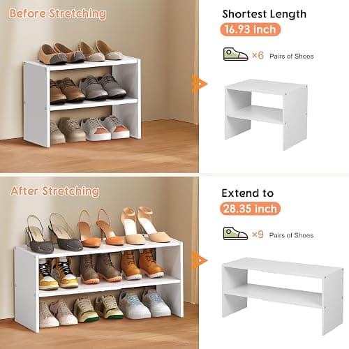2-Tier Expandable White Shoe Rack Organizer for Closet, Stackable Shoe Rack Storage Shelf, Small Iron Wood Combination Shoe Shelves for Closets,Entryway,Front Door, Narrow Space,Hallway,6-12 Pairs thumbnail 5