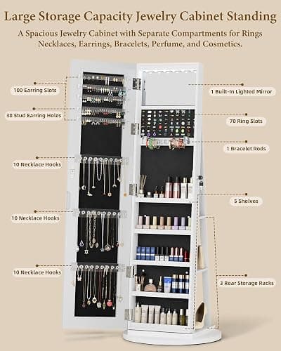 FAVSH 6 LEDs Jewelry Armoire with Frameless Full-Length Mirror, White | 360° Swivel Jewelry Cabinet Standing with 3 Back Shelves, Jewelry Organizer with Storage Lockable for Women, Girl thumbnail 6